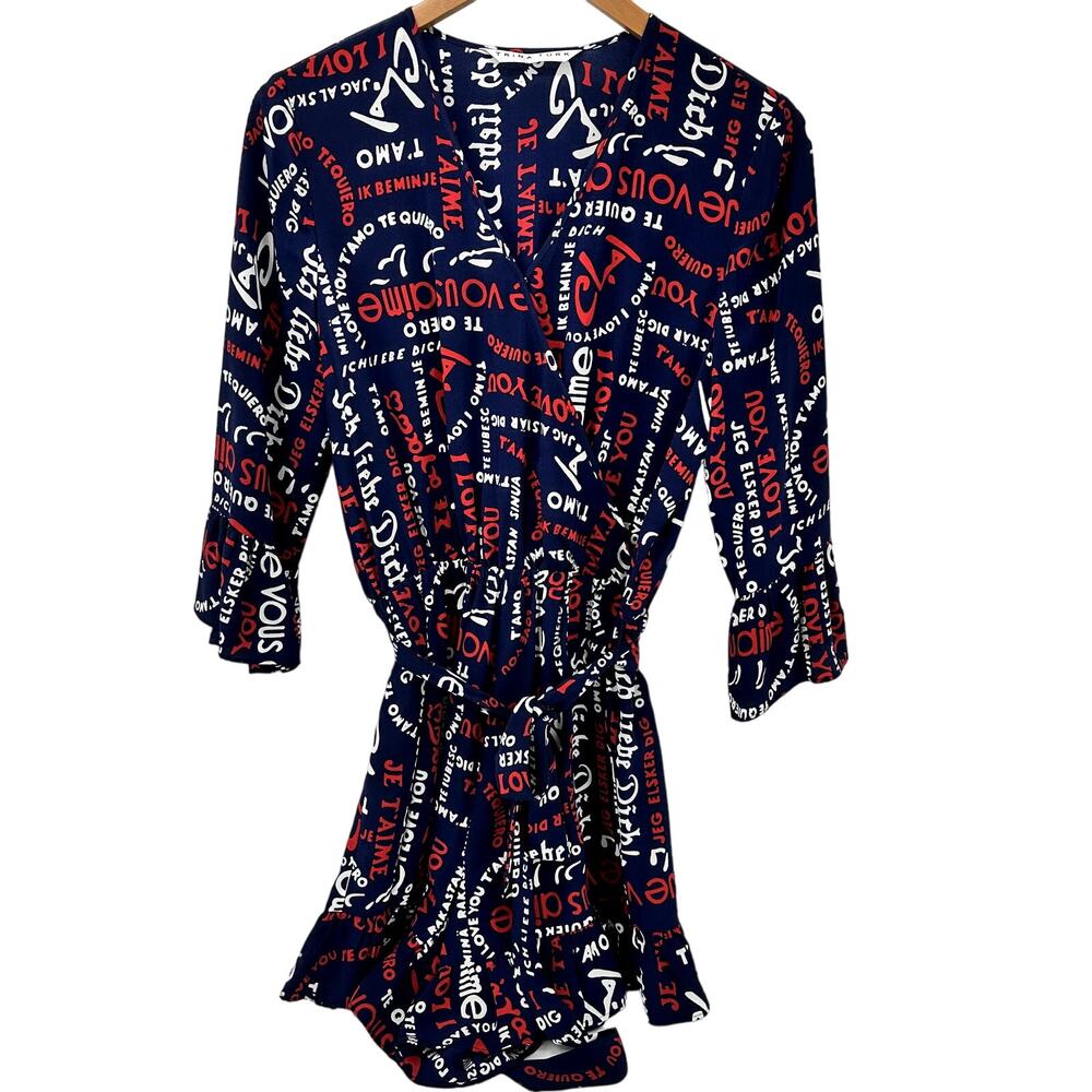 Trina Turk Silk Romper Womens Small TE AMO Ruffled Belted Coastal Blue Red White